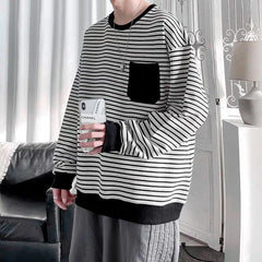 Threebooy Men Trendy Striped Patchwork Streetwear Y2K Oversize Basic T-shirt Japanese Style Round Neck Long Sleeve Cotton Tops Ropa Hombre
