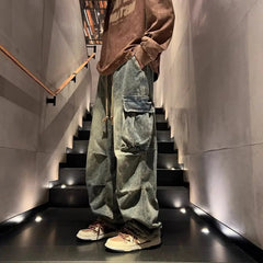 Threebooy High street hip-hop men and women trendy personality large pocket straight leg washed denim jeans couple retro casual pants y2k