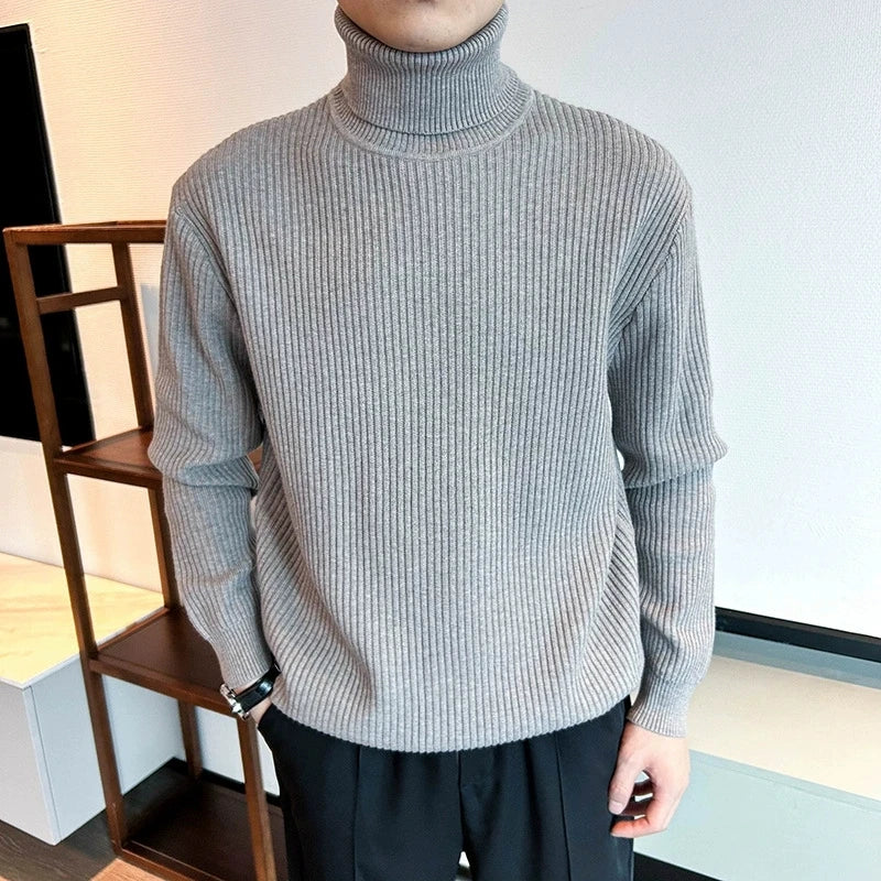 Threebooy  New Korean Retro Men Basic Sweater Luxury Knit Solid Color Turtleneck Long Sleeve Pullover Casual Textured High Quality Knitwear
