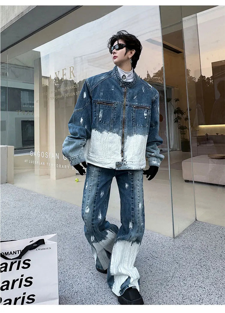 Threebooy Men's New 2-Piece Bleached Faded Denim Set