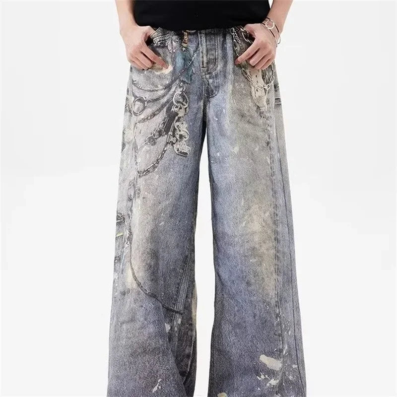 Threebooy  New 3D Chain Printed Baggy Jeans For Men And Women Casual Baggy Straight Denim Pants High Street Wide-leg Y2K Blue Jean