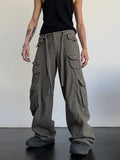 Threebooy High street retro casual large pocket overalls men's new summer high waist loose straight tube draped wide leg pants