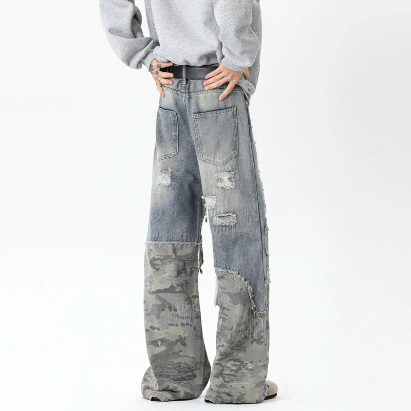 Threebooy Camouflage Wide jeans men Ripped Patchwork New Mainstream Hip Hop Skateboard Men Women Streetwear High Street Super Loose Jeans
