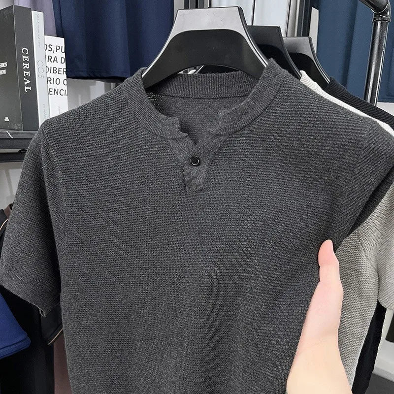 Threebooy  New Men Luxury Chinese O Collar T-Shirt Leisure Slim Button-down Solid Color Short Sleeve Tops Summer Breathable Basic Knitwear