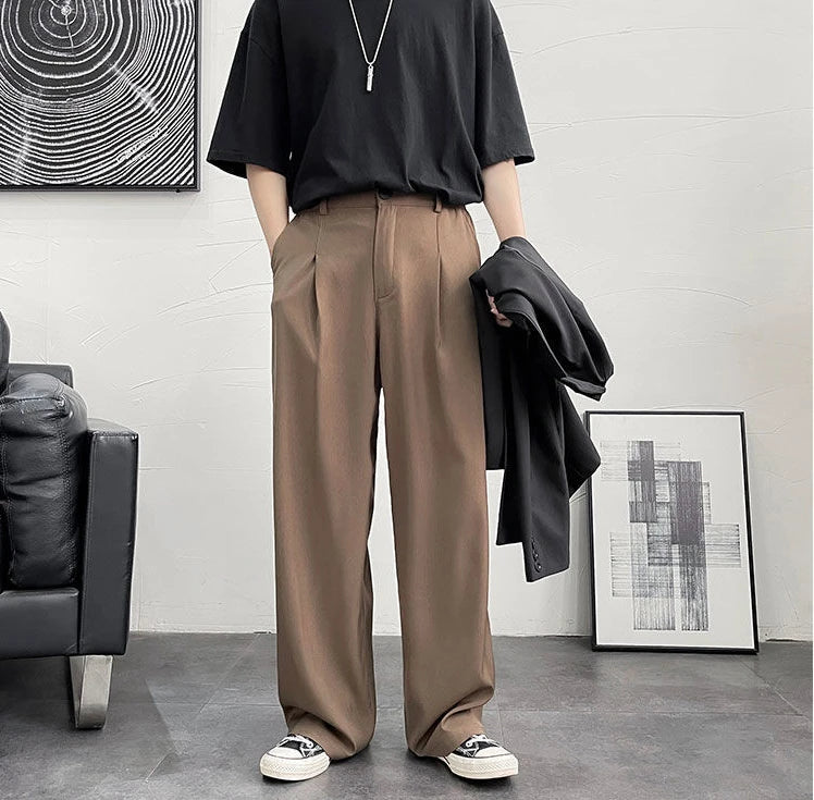 Threebooy Trousers For Men Brown Fluid Draped Baggy Stylish Tailoring Summer 2024 Man Suits Pants Clothing Premium Thin Casual Up