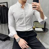 Threebooy British Style Striped Shirts Mens Long Sleeve Business Formal Dress Shirt Casual Slim Fit Shirt Streetwear Social Party Clothing