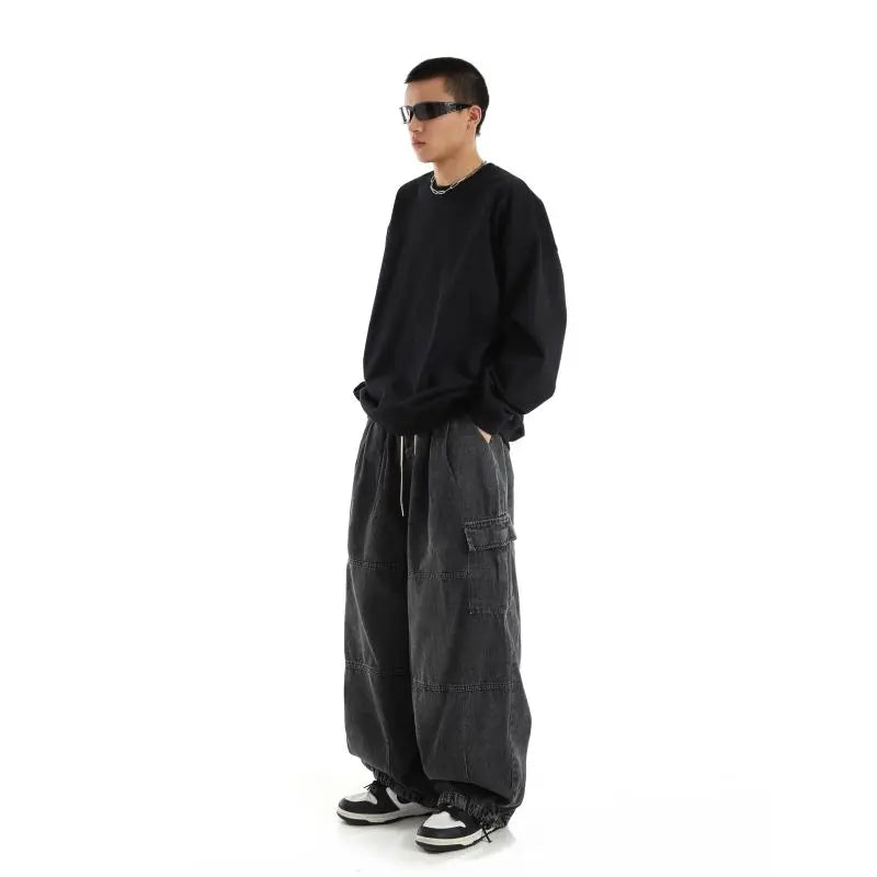 Threebooy Y2k Black Baggy Cargo Jeans Trousers Men Streetwear Casual Hippie Jogging Wide leg Oversize Old Money Vintage Denim Pants