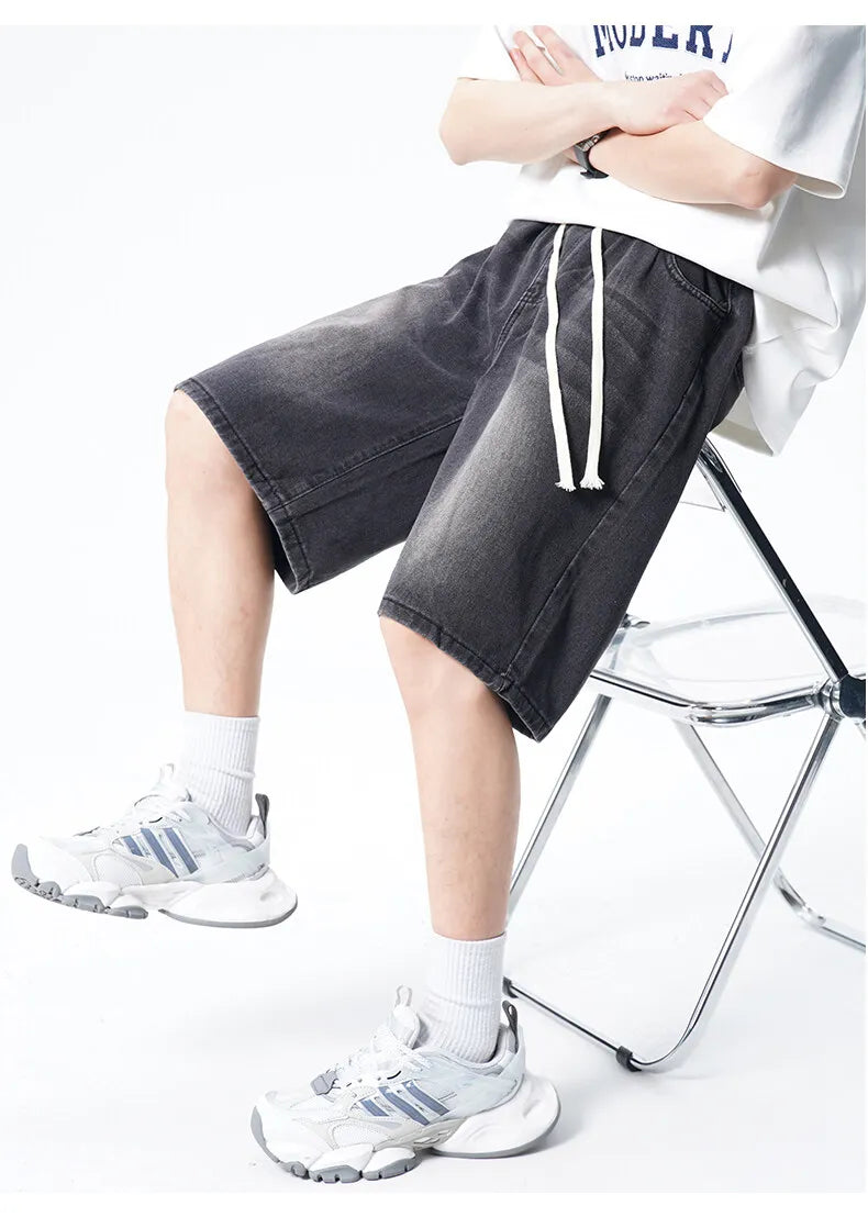 Threebooy Mens Denim Shorts Elastic Waist Drawstring Washed Classic Casual Summer Streetwear Vintage Stonewash Comfort Fit 2025 Fashion