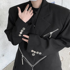 Threebooy Oversized Black Blazer Men High-end Fashion Leisure Suit Jackets Multi-zippers Male Streetwear Casual Korean All-match Suit
