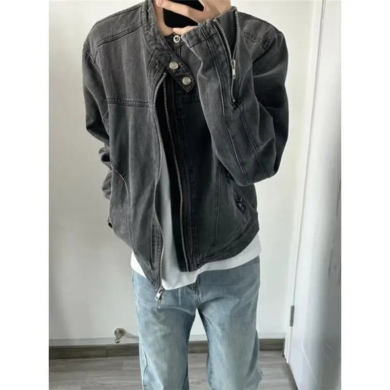 Threebooy  Punk Gray Denim Jacket Men's American Retro Heavy Industry Coat Metal Design Stand Collar Old Washed Short Spliced Street Jacket