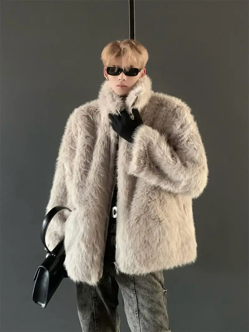 Threebooy Warm Young Parkas Men's Clothing Korean Hip Hop Coat New Thickened Imitation Fur Coat Men's Imitation Fox Fur Jacket