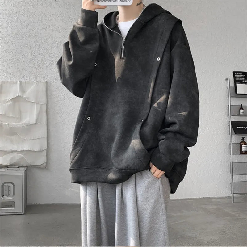 Threebooy Retro Tie-dye Printed Hoodie Men Fleece Warm Pullover Sweatshirts High Street Hip Hop Streetwear Oversized Unisex Hoodie
