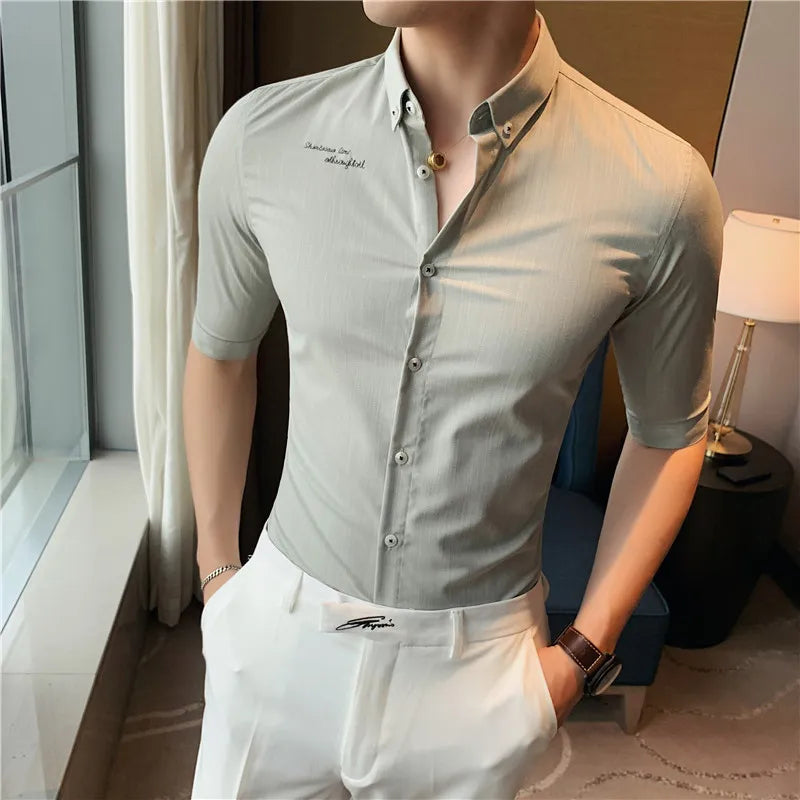 Threebooy Men Embroidery Shirt Striped Casual Short Sleeve Cotton Business Oxford Man Button Up Shirt Solid with Front Pocket Leisure