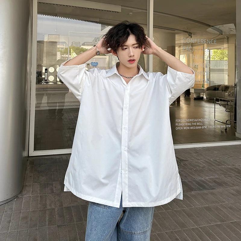Threebooy Streetwear Men's Glitter Shirts Summer Short Sleeve Oversized Chic All-match Shirt Men Women Korean Daily Loose Tops Black/White