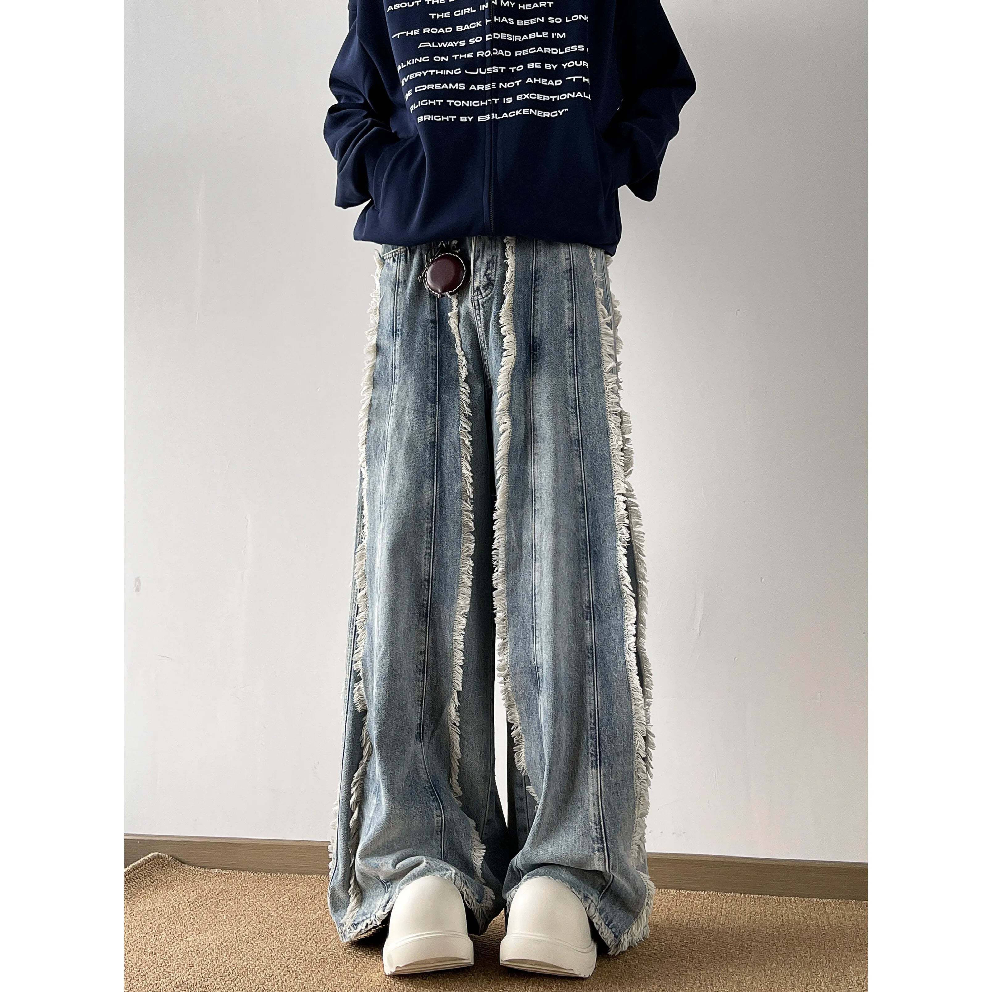 Threebooy Destroyed Stitching Jeans Men's Rough selvedge Blue Washed Jeans Gothic Style Street Trend Clothing Retro Loose Wide Leg Pants