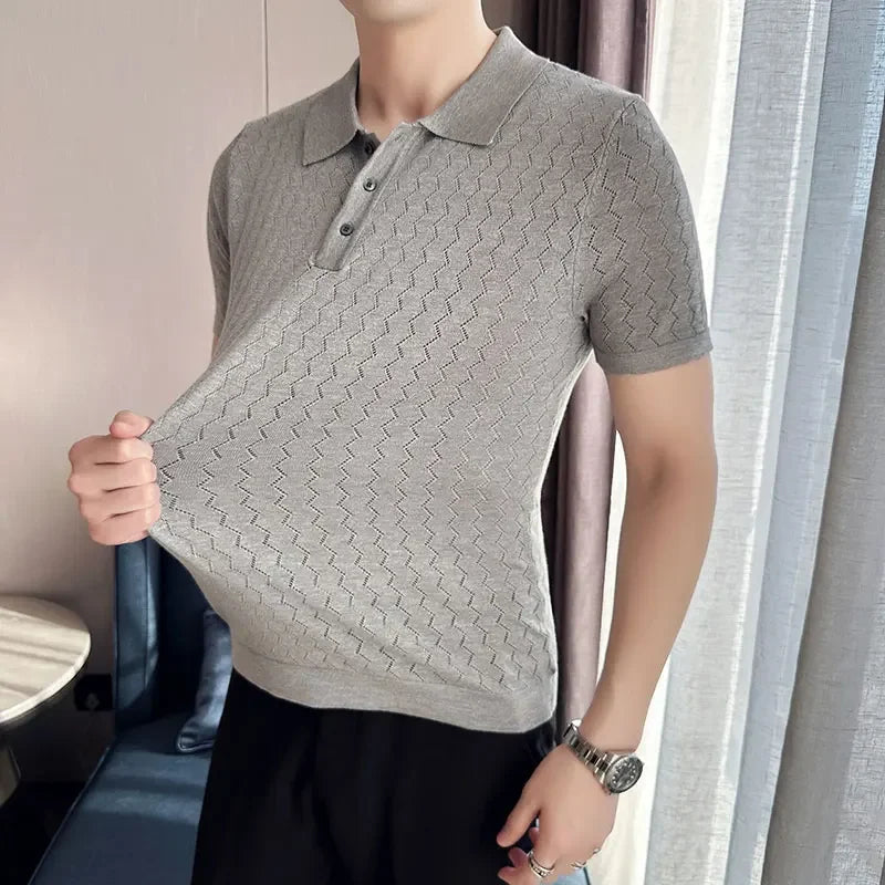 Threebooy Ice Silk Wave Striped Knitted Lapel Short Sleeve Men's T-shirt Slim Hole Polo Shirt Gray ,polo Golf Shirt