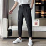 Threebooy Mens Streetwear Youth Style Slim Fit Blazers Pants Fashion Casual Pant Man Solid Color Ankle-length Suit Pants Men Trousers