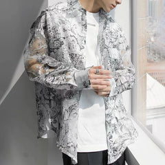 Threebooy Shirts Men Fashion Mesh Floral Shirt Harajuku Gothic Top Long Sleeve Korean Loose Street Sun-proof Summer Holiday Casual Clothes