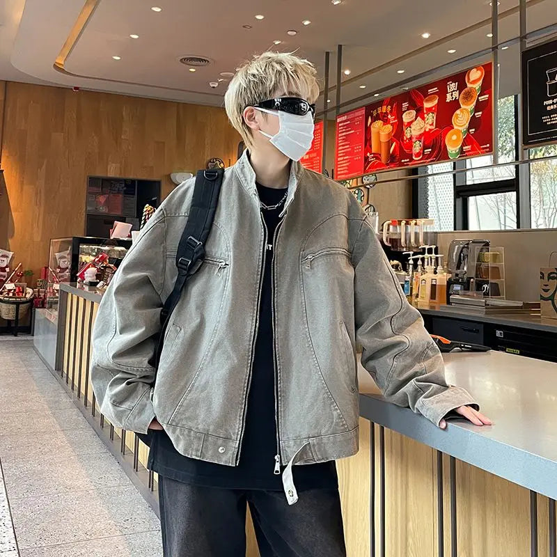Threebooy Punk Spliced Jacket High-end Blue Short Work Cargo Coat Men's Handsome Trendy Solid Color Zipper Jacket All-match Top