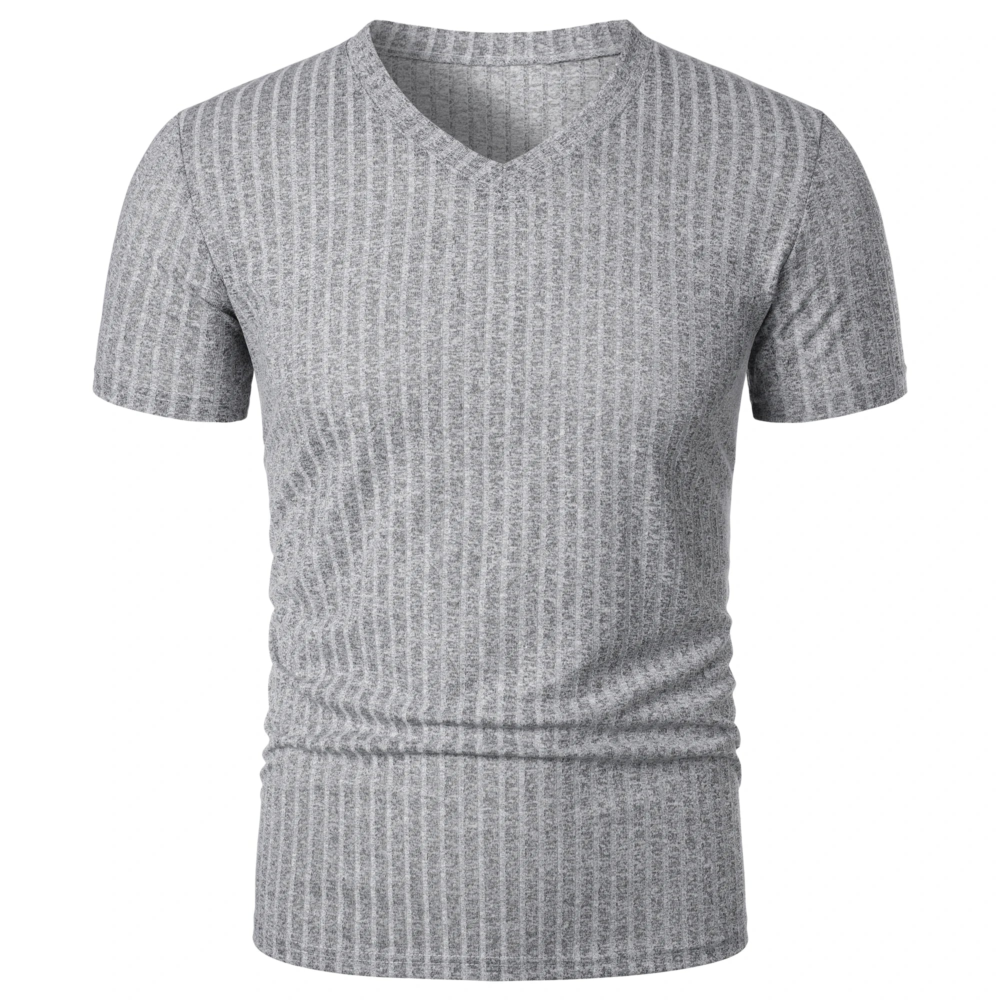 Threebooy  Men's running sports fitness wear summer high stretch vertical strip short sleeve V-neck slim knit base shirt