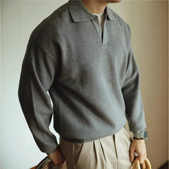 Threebooy  New American Chic Men Polo Sweater Luxury Trendy Business V Neck Knit Solid Color Pullover Leisure Slim-fit Long Sleeve Knitwear