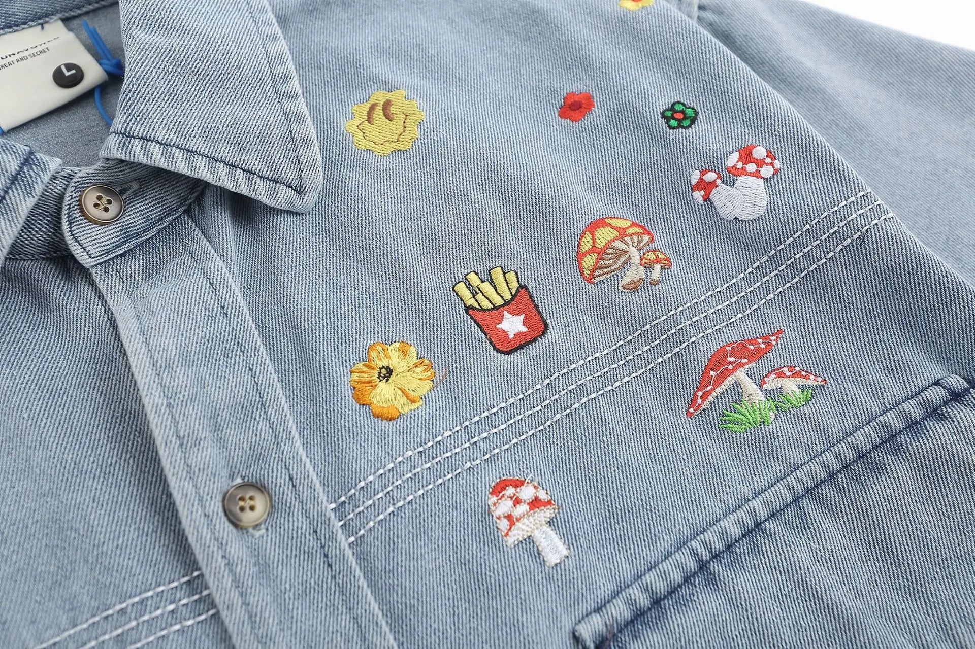 Threebooy  Japanese Retro Denim Shirts for Men Short Sleeve Button Down Shirt Jacket Oversize Summer Men's and Women's Embroidery Top