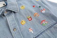 Threebooy  Japanese Retro Denim Shirts for Men Short Sleeve Button Down Shirt Jacket Oversize Summer Men's and Women's Embroidery Top