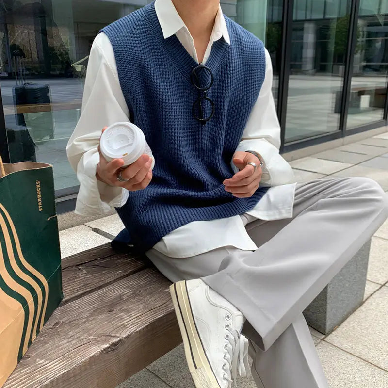 Threebooy V Neck Sweater Man Blue Waistcoat Jumpers Loose Knit Vests for Men High Quality Elegant Vintage Y2k Smooth Casual Korean Style