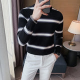 Threebooy Mens Autumn Casual Sweaters Slim Fit Stripe Knitting Sweaters Cotton Long Sleeve Round Collar Male Warm Pullovers Orange