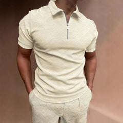Threebooy  Summer Men Solid Color Zipper Polo Shirt Short Sleeve Sport Top