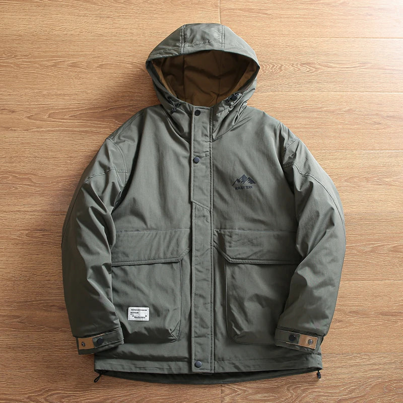 Threebooy Outdoor Windproof  Padded Jacket Plus Thickened Warm Large Pocket Workwear Casual Hooded Parkas Trendy High-end Button Up Coats