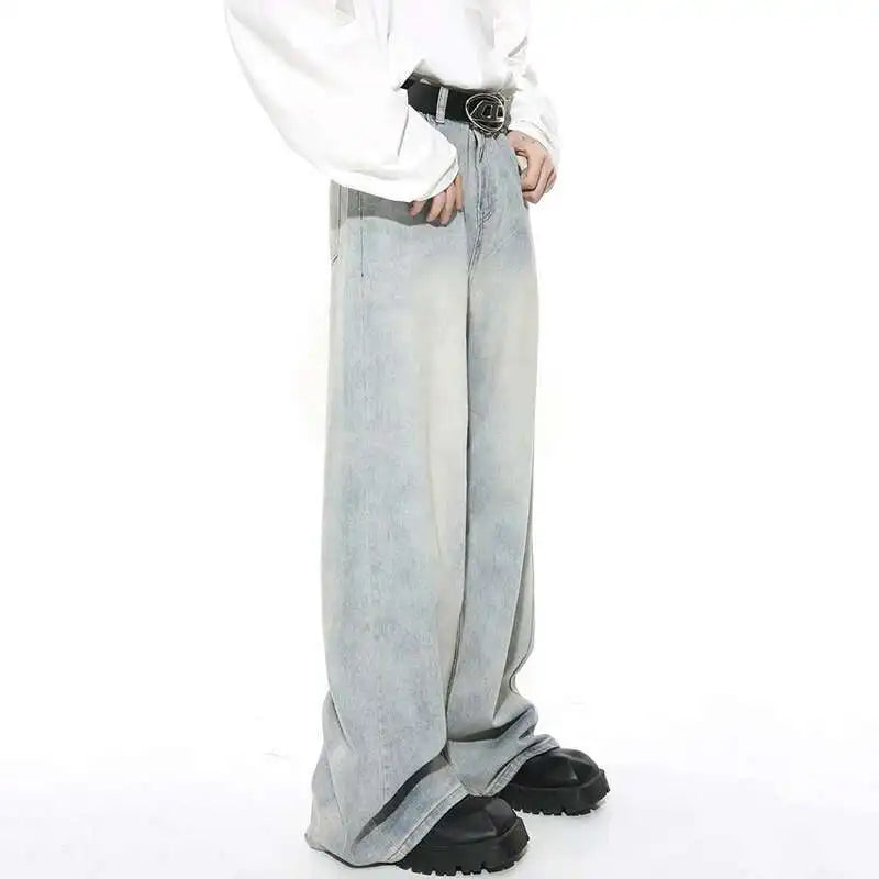 Threebooy  Washed Male Jeans Korean Fashion Worn Out Gradient Color Men's Denim Straight Pants Men Wide Leg Trousers Spring New