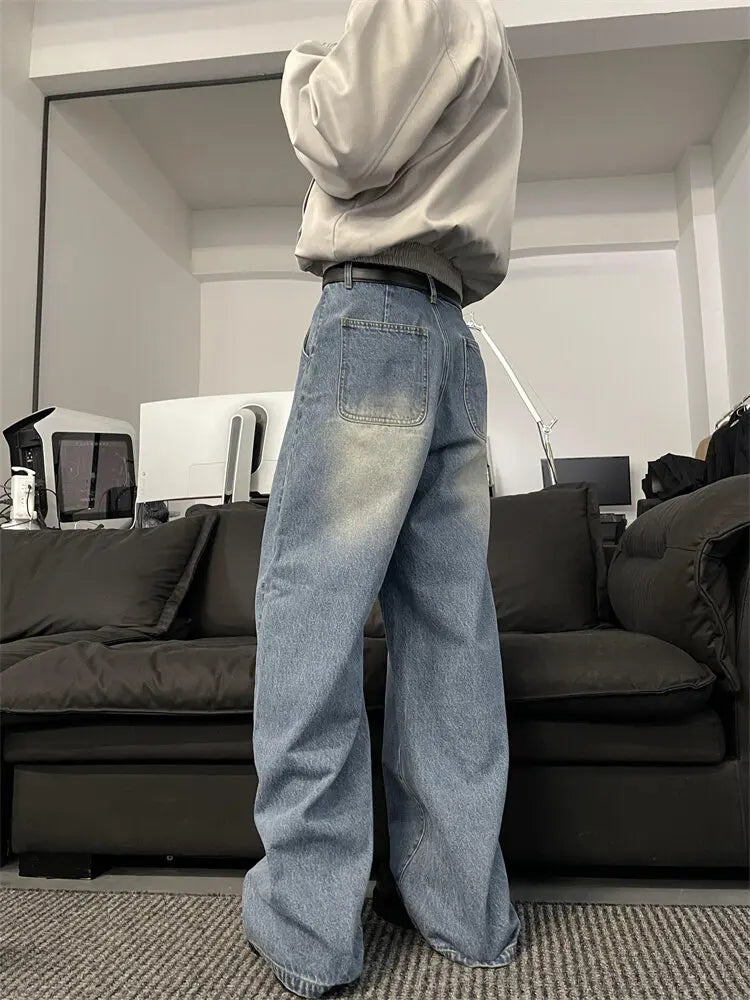 Threebooy  Jeans Men Loose Wide Leg Trousers Unisex low-rise jean Men's Denim Pants Old Blue Washed Male Jeans Straight Patchwork mop pants
