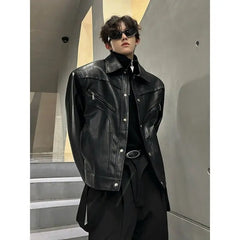 Threebooy American Retro Shoulder Pad Short Leather Jacket Men's Spring Deconstruction High-end Fashion Trend Vintage Motorcycle Jacket