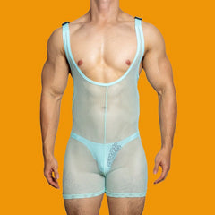 Threebooy Mens sexy tight-fitting solid color mesh see-through jumpsuit shaping breathable sexy suspenders home underwear for men