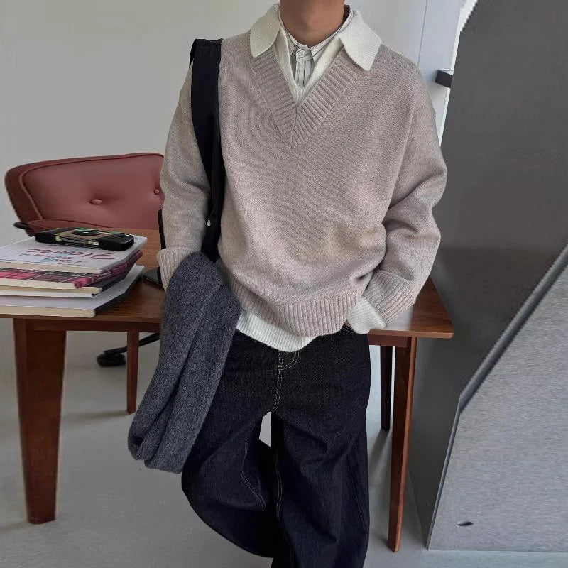 Threebooy  New American Chic Polo Neck Men Sweater Light Luxury Fake Two Piece Knit Pullover Trendy High Quality Long Sleeve Knitwear M-2XL