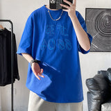 Threebooy Applique Letter Short sleeve T-shirts Thin Fashion Simple Top Oversize Summer Loose Casual Round Neck Men's Clothes Blue/coffee