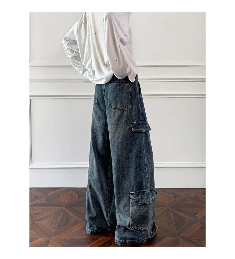 Threebooy Men Workwear Cargo Jeans New Multi Pocket Loose Straight Leg Baggy Streetwear Denim Pants Urban Casual Trousers 2025 Autumn