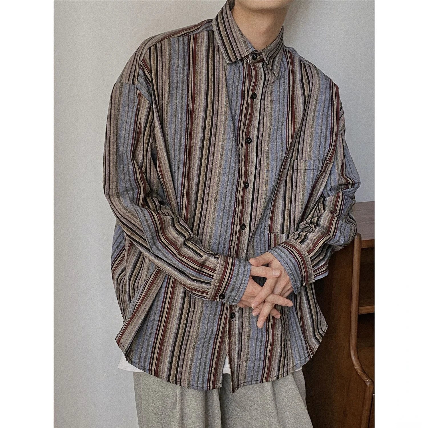 Threebooy Autumn Cityboy Loose Japanese Retro Vertical Striped Shirt for Men and Women Long Sleeve Lapel Fashion Designer Shirt Jacket