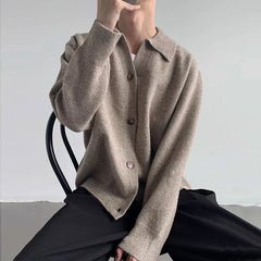 Threebooy  New Korean Fashion Men Cardigan Jacket Light Luxury Knitted Polo Neck Long Sleeve Sweater Coat Casual Retro Solid Color Knitwear