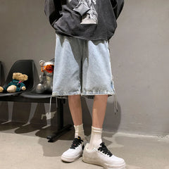 Threebooy Summer New Webbing Denim Shorts Men's Niche Loose Trendy Brand Retro Jeans Thin Casual Five-Point Pants Y2K Streetwear Fashionab