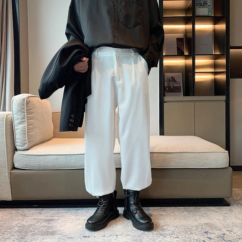 Threebooy Black White Suit Pants Men Loose Drape Sports Trousers Fashion Spring Summer Solid All-match Casual Loop Design Pants