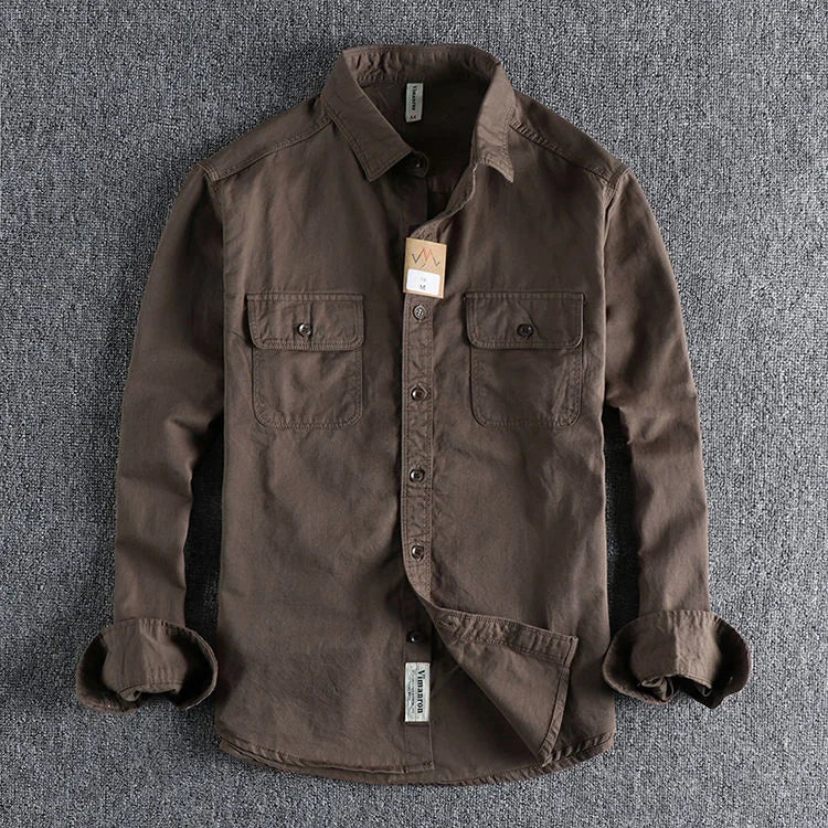 Threebooy  British Style Retro Long Sleeve Shirt Coat Men Spring  Autumn Twill Cotton Versatile Solid Color Male Cargo Work Shirts