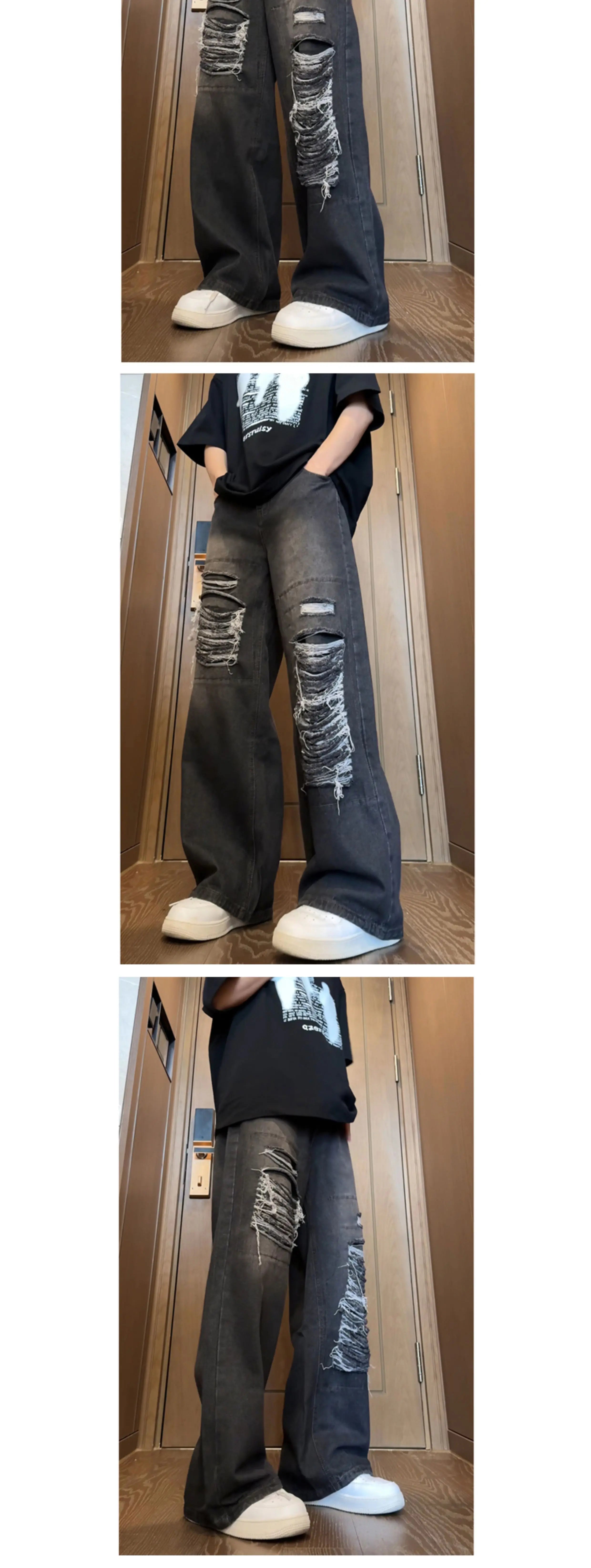 Threebooy Beggar jeans men Vintage Streetwear Ripped Hole Jeans Men Women Harajuku Aesthetic Wide Leg Denim Trousers Unisex Straight Pants
