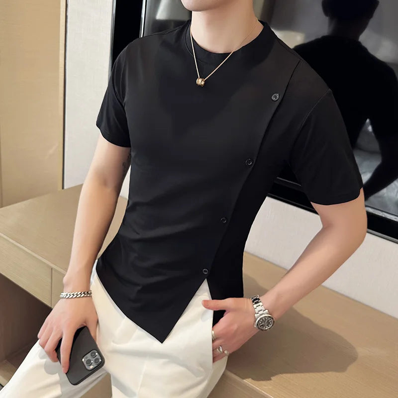 Threebooy  Clothing Men's Summer Button Decoration Casual T- Shirt/Male Slim Fit High Quality Short-sleeved T-shirts S-4XL