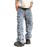 Threebooy Individualized patch jeans men  American high street hip-hop fried street beggar pants blue loose small crowd mopping