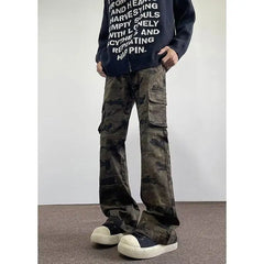 Threebooy Jeans Men camouflage Cargo Pants Patchwork Multi Pockets Denim Hombre Fashion Casual Streetwear Trousers bell-bottoms