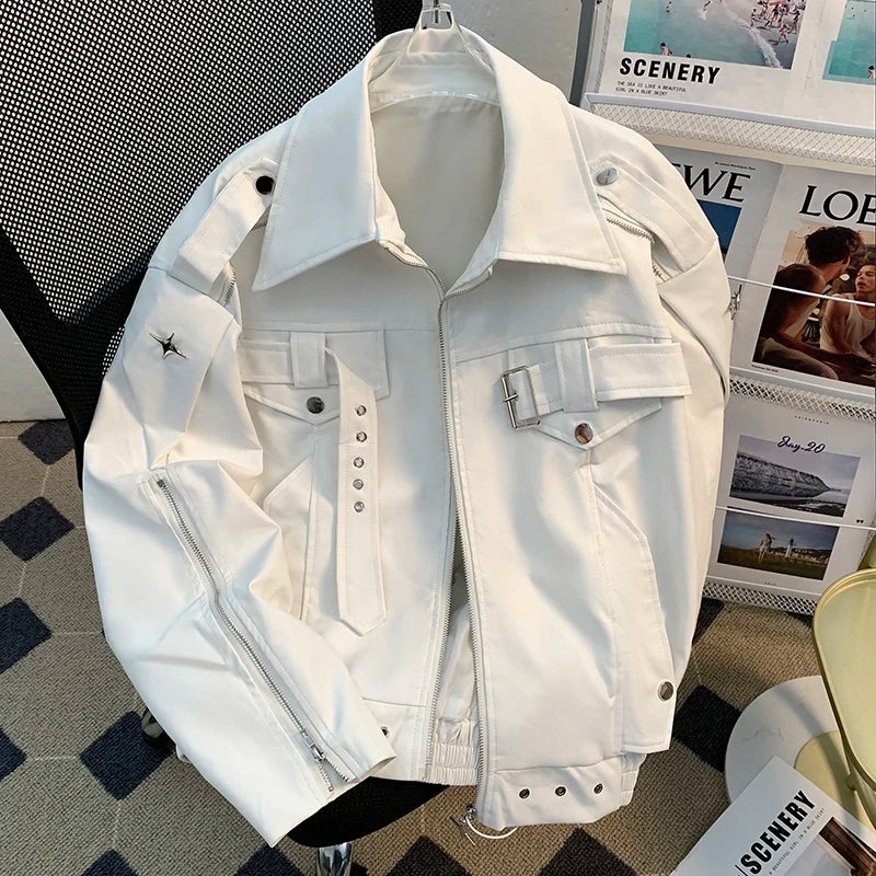 Threebooy Niche Deconstruction Heavy Industry Leather Jacket Spring Autumn Design Loose Punk Streetwear Short Motorcycle Leather Coat