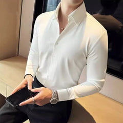 Threebooy  New Seamless Waffle V-neck Shirt Men's Long Sleeved Casual Business Dress Shirts Solid Color Slim Streetwear Social Shirt