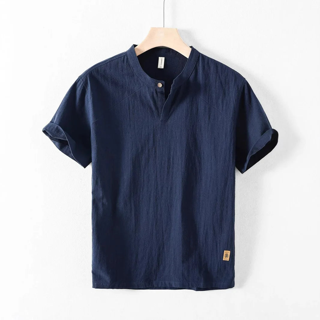 Threebooy Summer Men's Stand Collar Cotton Linen Shirt Casual Button Short Sleeve Beach Shirts Hawaiian T Shirts For Men